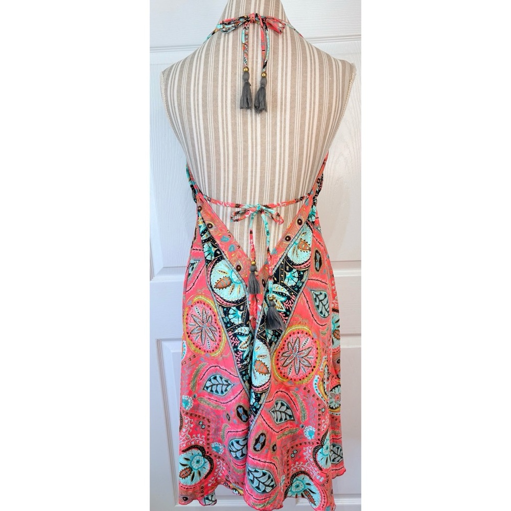 Silk Boho India Floral Gold Metallic Swimsuit Cover Up Medium - Picture 6 of 9